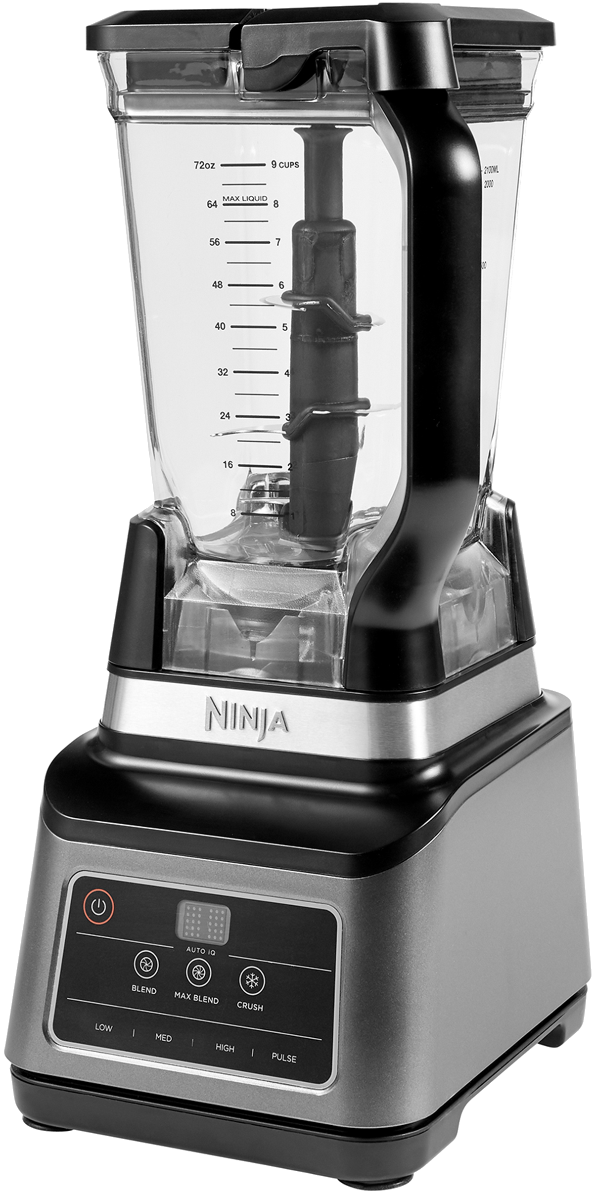 A silver and black blender with a clear pitcher and control panel at the base.