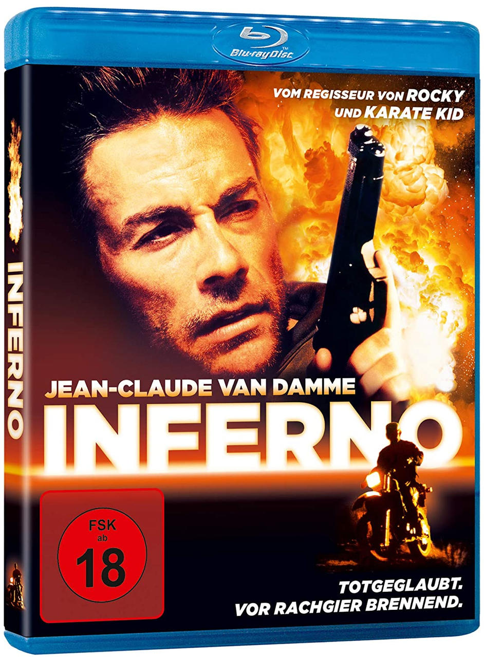 Filmplakat, Jean-Claude Van Damme, Inferno. Mann mit Waffe vor feurigem Hintergrund.