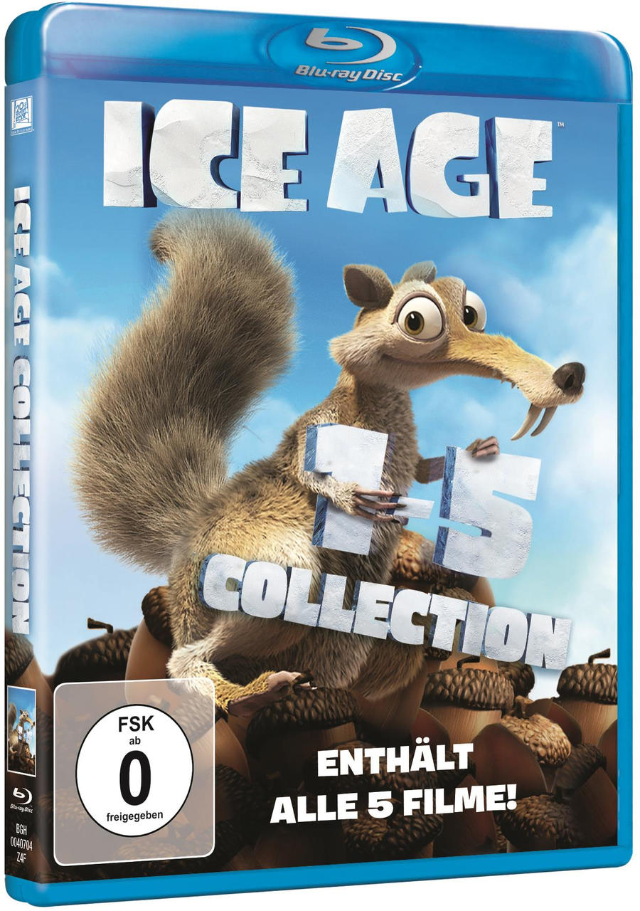 Ice Age 5-Filmcover mit einem Zeichentrick-Eichhörnchen und Eicheln.