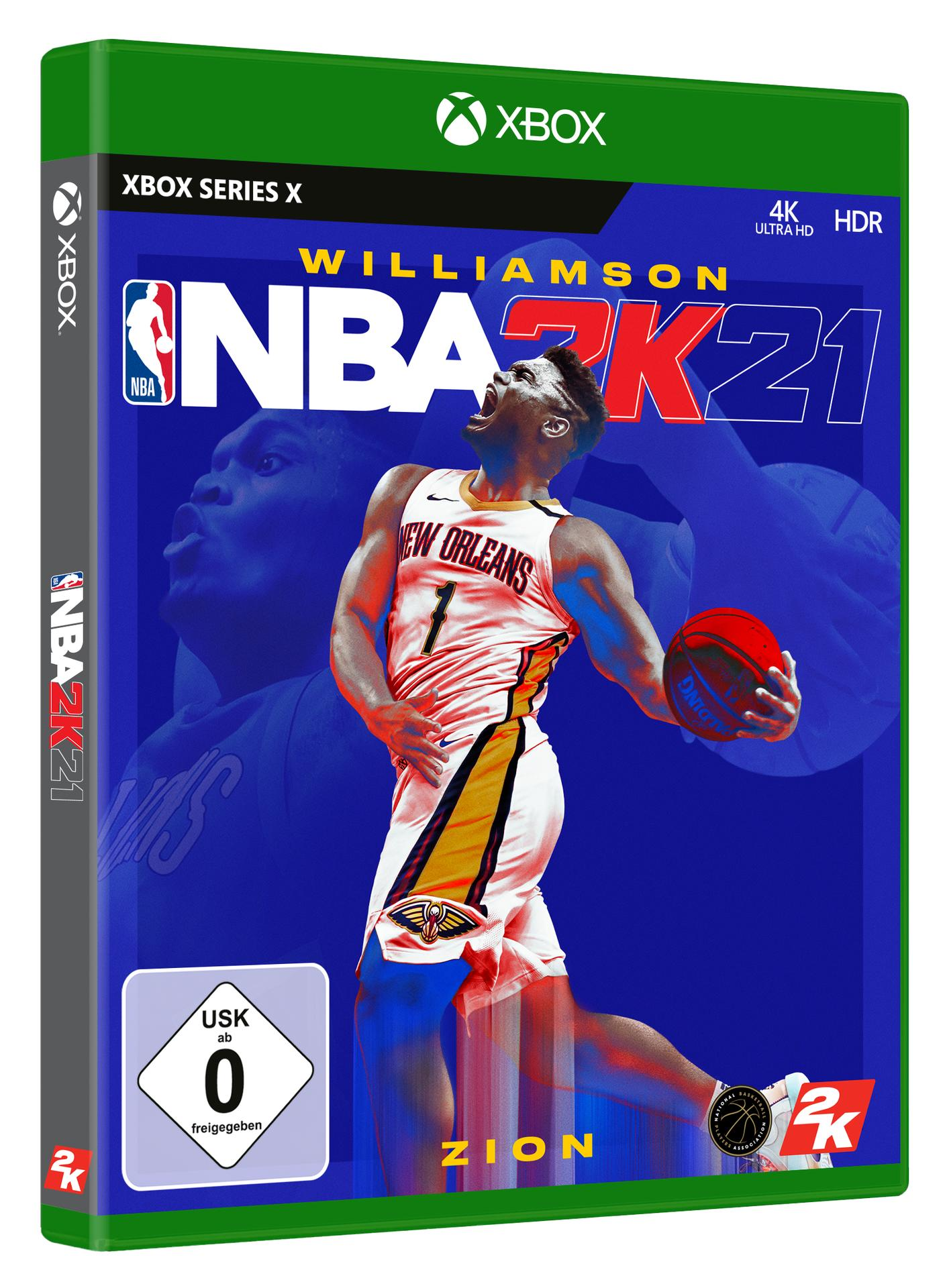 Xbox Series X Spielbox von NBA 2K21. Zion ist auf dem Cover, spielt Basketball.