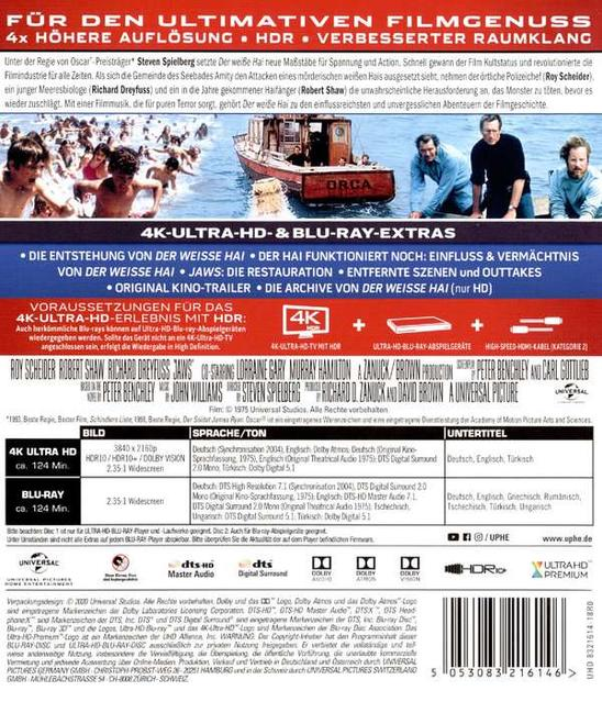 Die Rückseite einer DVD-Hülle für den Film Der weiße Hai, mit Bildern und Text auf weißem Hintergrund.