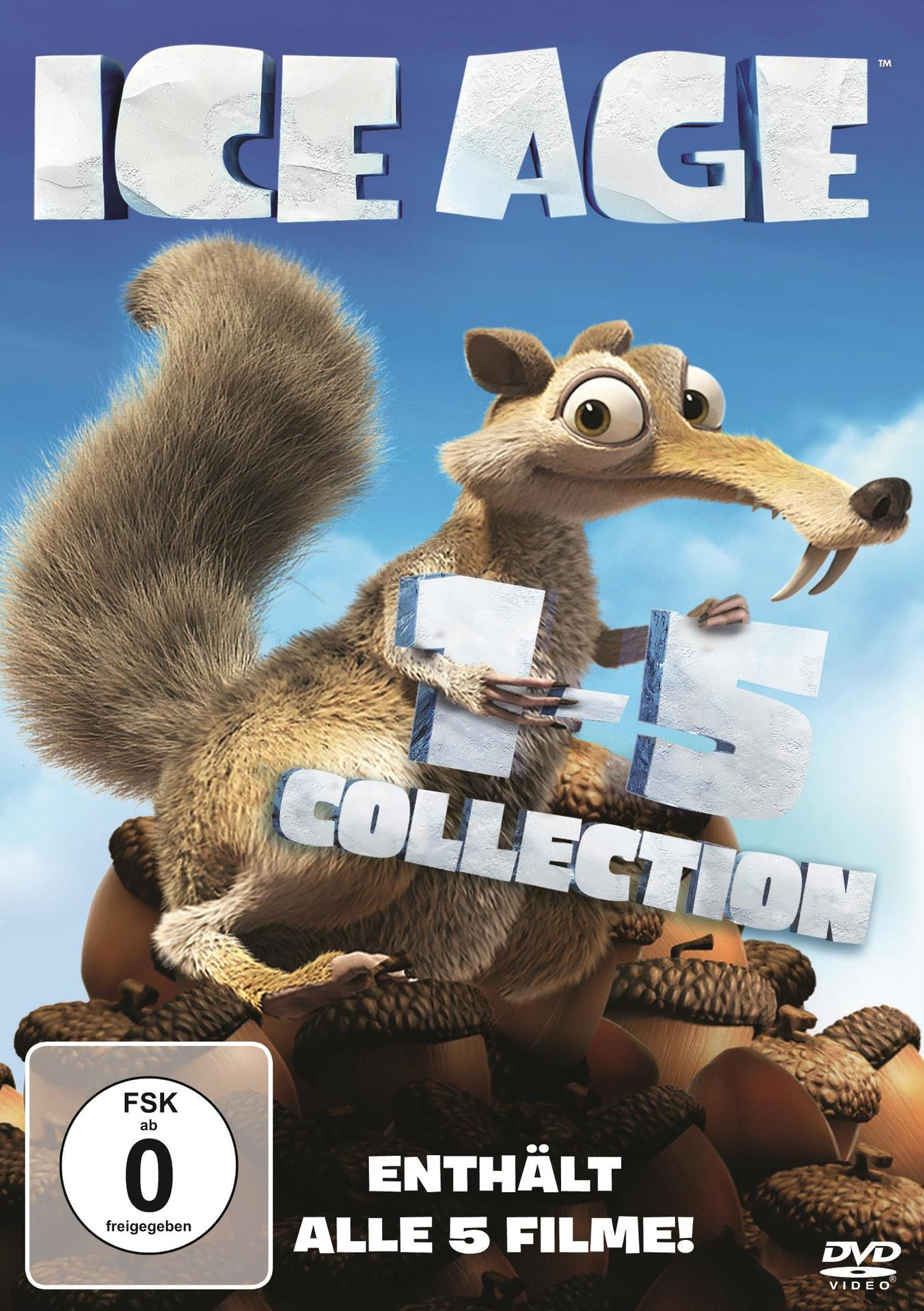Ice Age 4 & 5 Collection DVD-Cover. Ein Eichhörnchen sitzt auf einem Eichelhaufen.