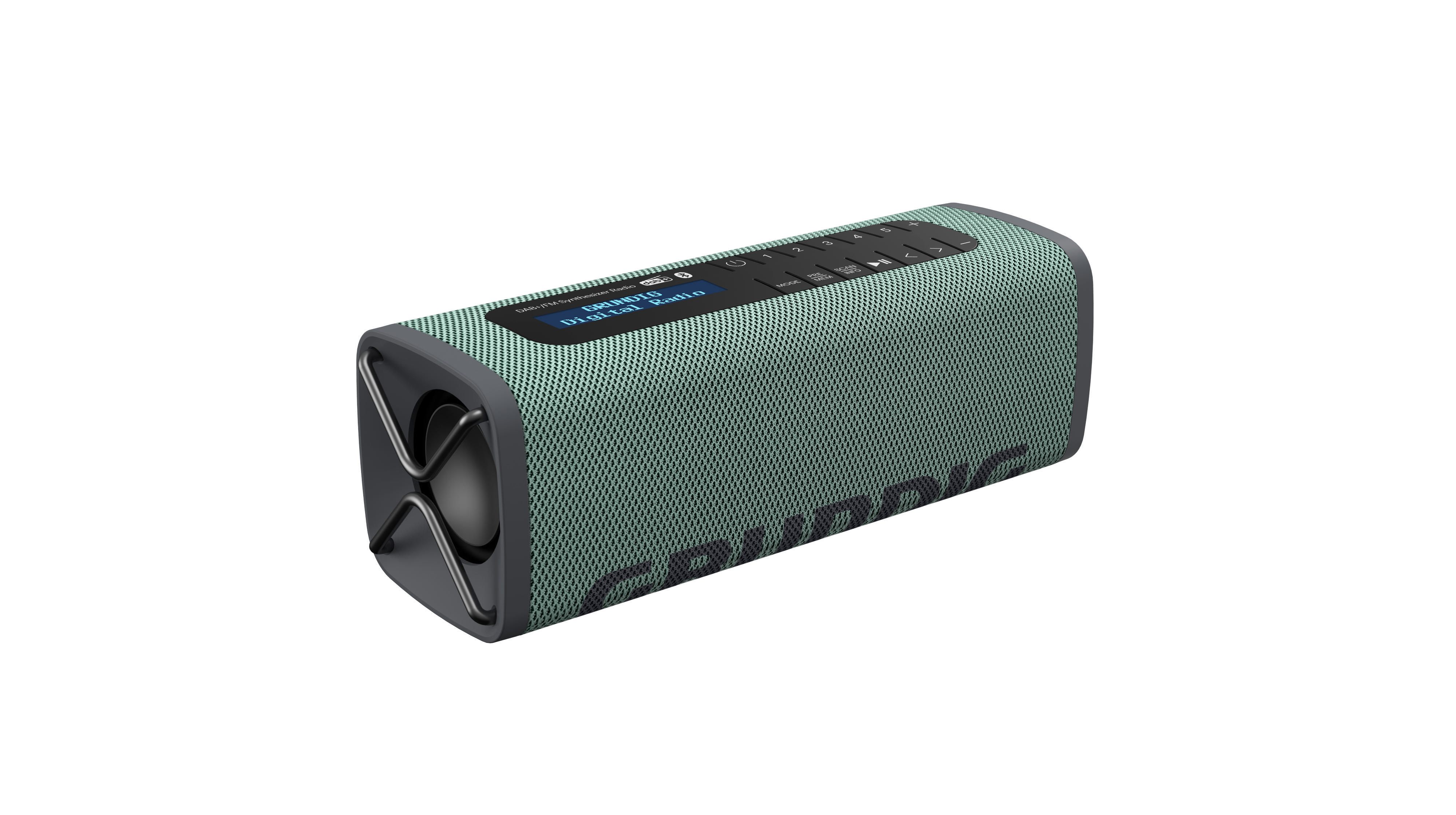 Grüner Grundig Bluetooth-Lautsprecher, rechteckige Form, mit Bedienelementen und Logo.