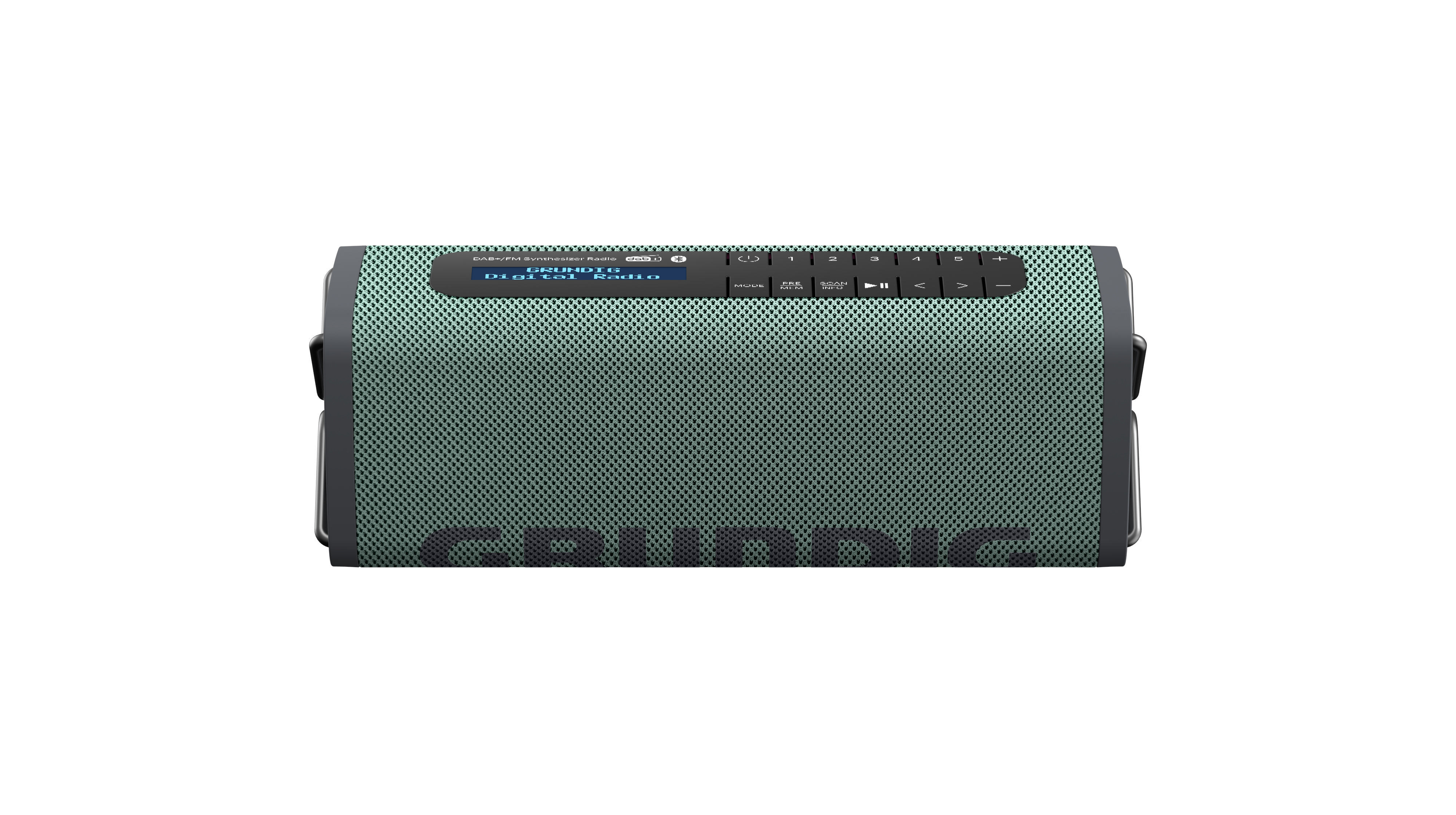 Grüner Grundig Bluetooth-Lautsprecher, rechteckig, Frontansicht mit Bedienelementen.