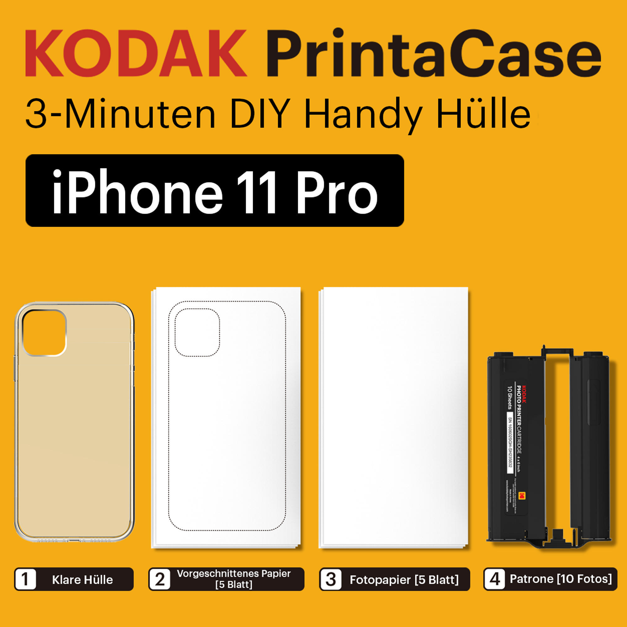 Kodak PrintaCase Kit für iPhone 11 Pro mit transparenter Hülle, Papier und Tintenpatrone.
