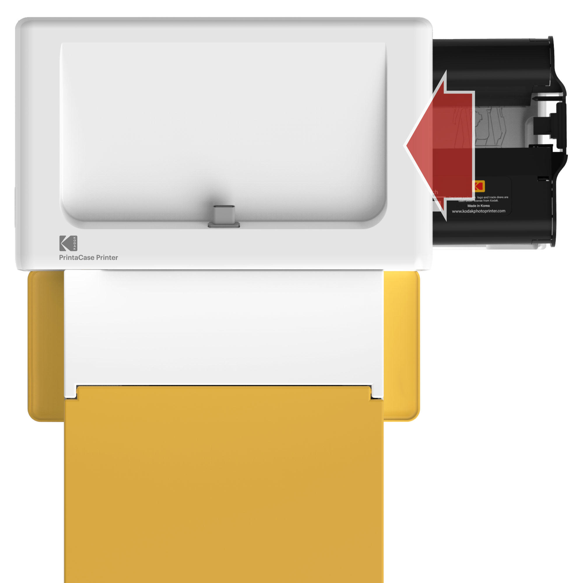 Kodak PrintCase Drucker geöffnet, mit Papierschale und Tintenpatronenfach.
