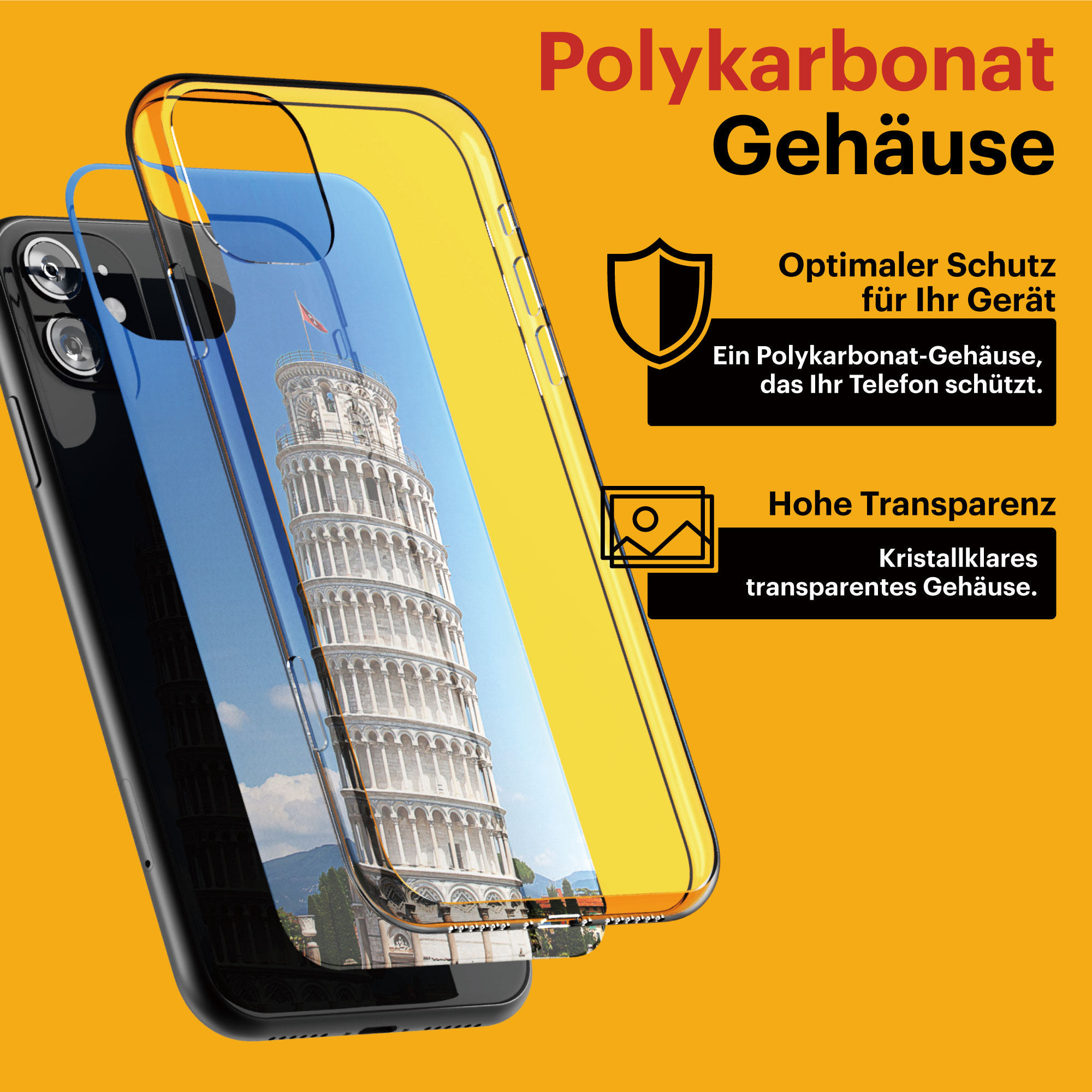 Gelbe Handyhülle mit Bild vom schiefen Turm von Pisa, über einem schwarzen Telefon.