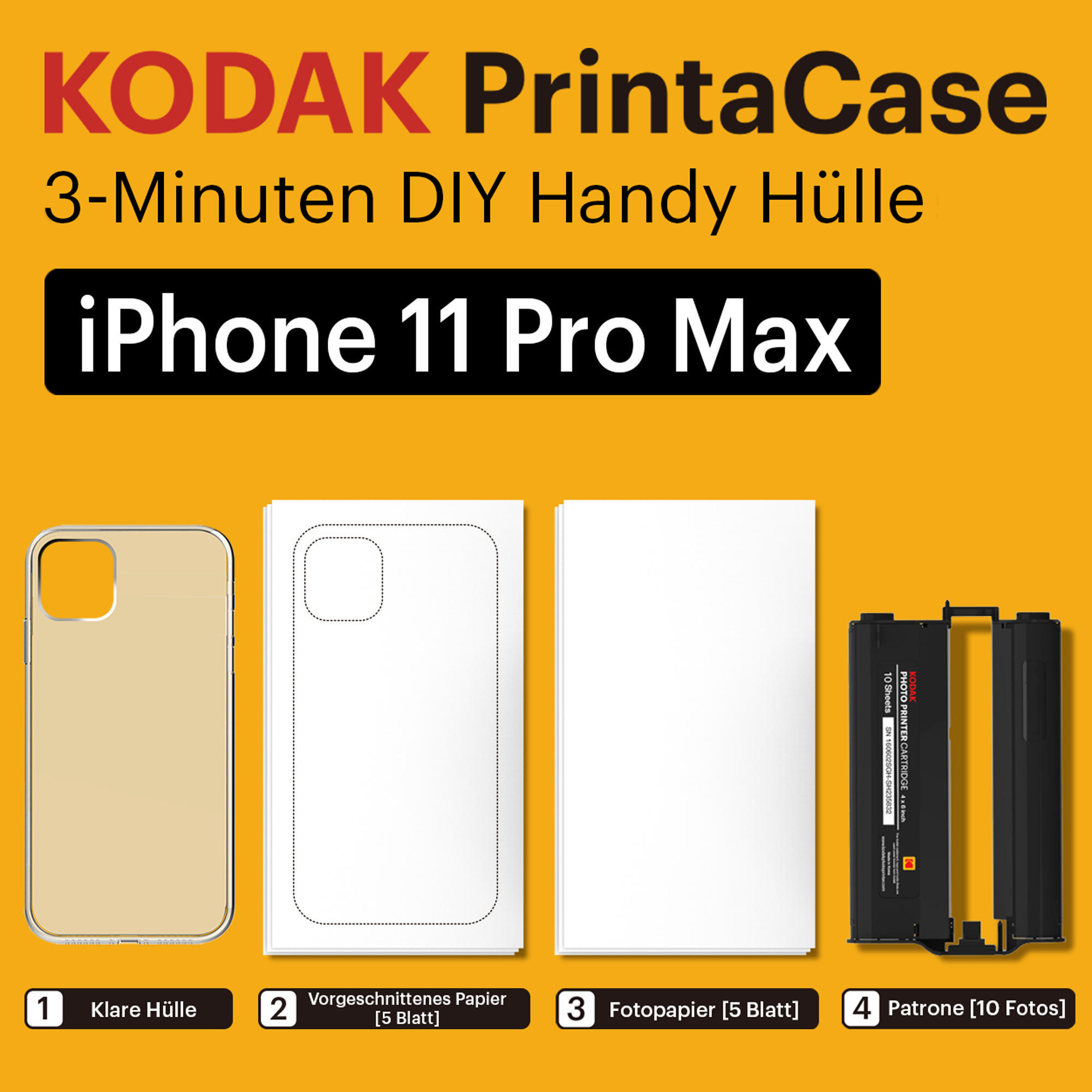 Ein Kodak PrintaCase-Kit mit klarer Hülle, Papier und einer Patrone.