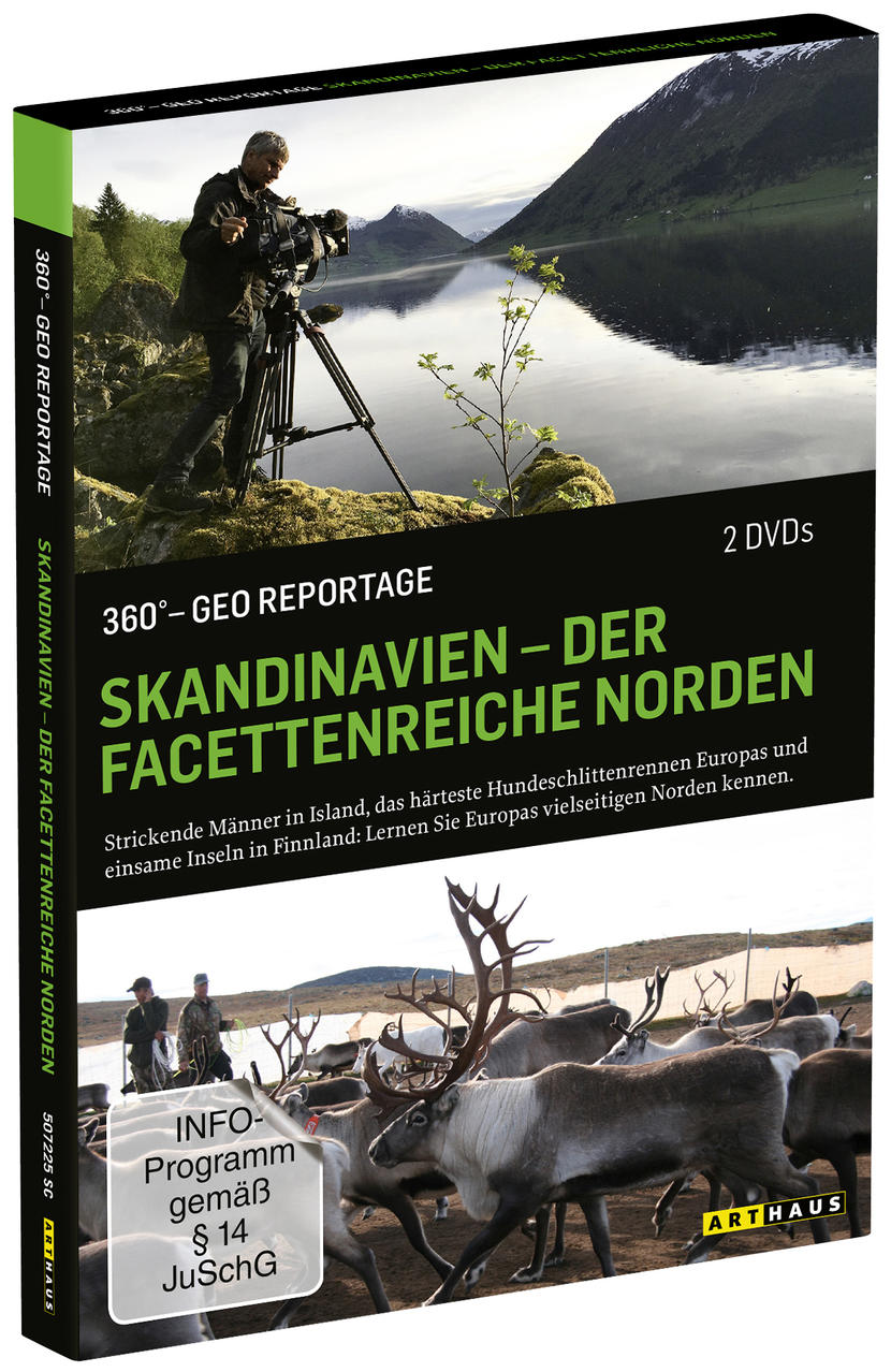DVD-Box-Set: Skandinavien. Ein Mann filmt an einem See. Rentiere sind auch auf der Box.
