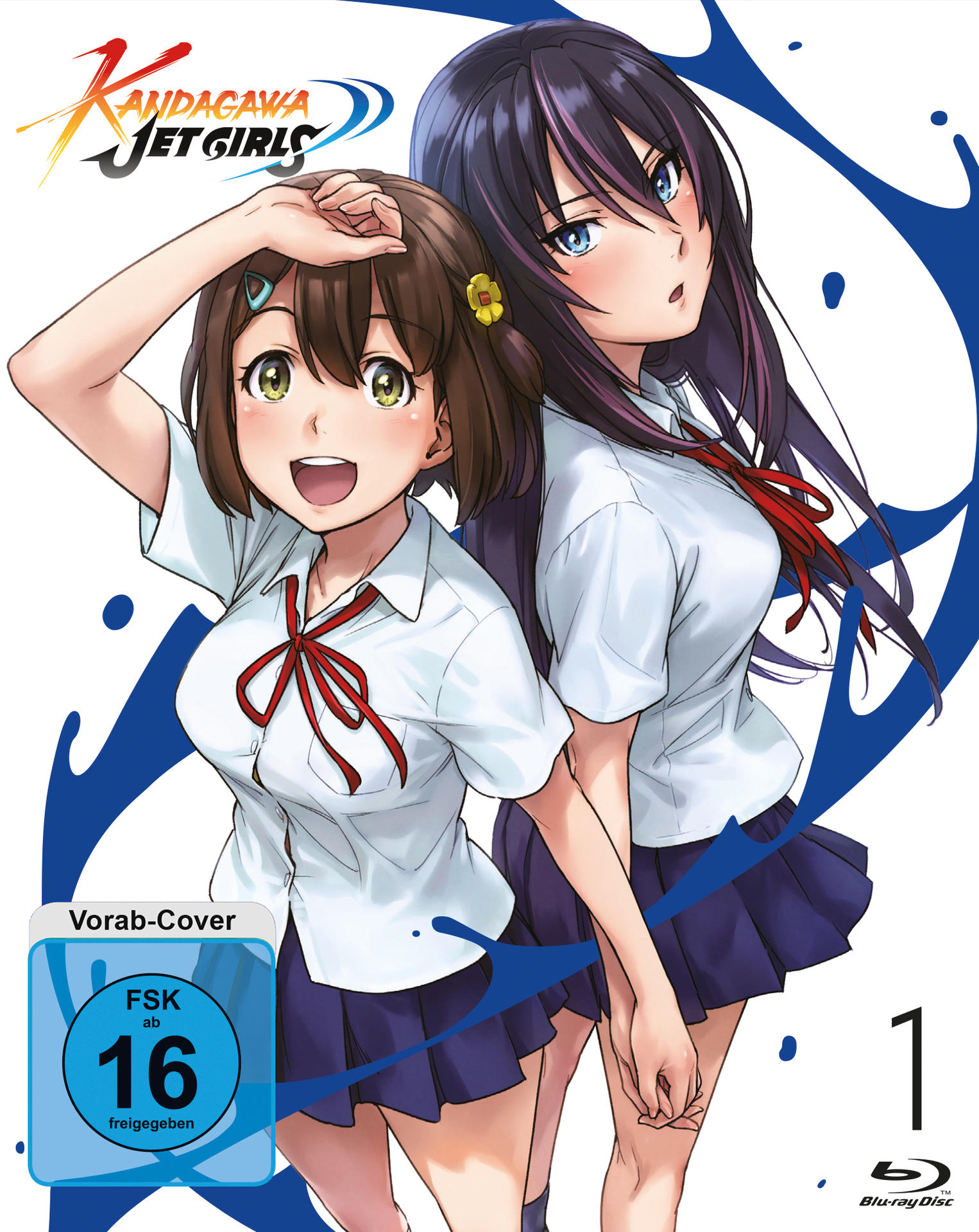 Anime-Cover 'Kandagawa Jet Girls' mit zwei Mädchen in Schuluniformen, blauem Wasser.