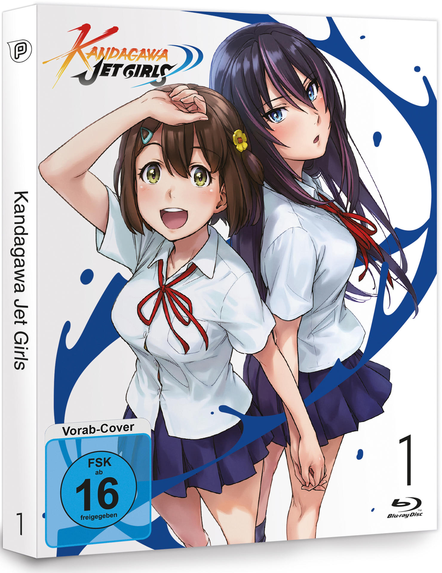 Anime-DVD-Cover mit zwei Mädchen in Schuluniformen, blauer Hintergrund.