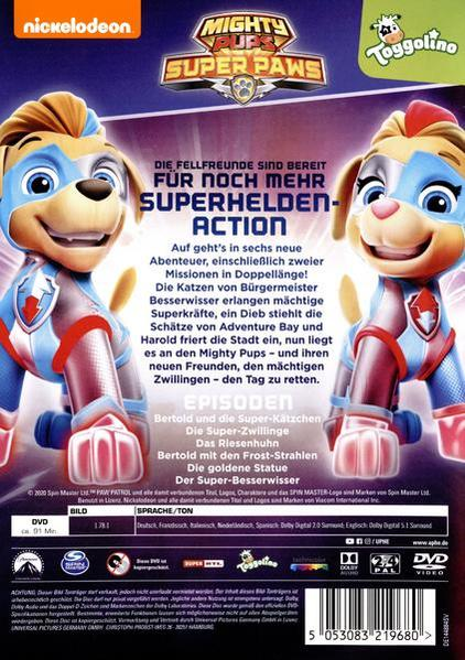 DVD-Hülle mit Zeichentrickhunden in Superheldenkostümen auf blauem Hintergrund.