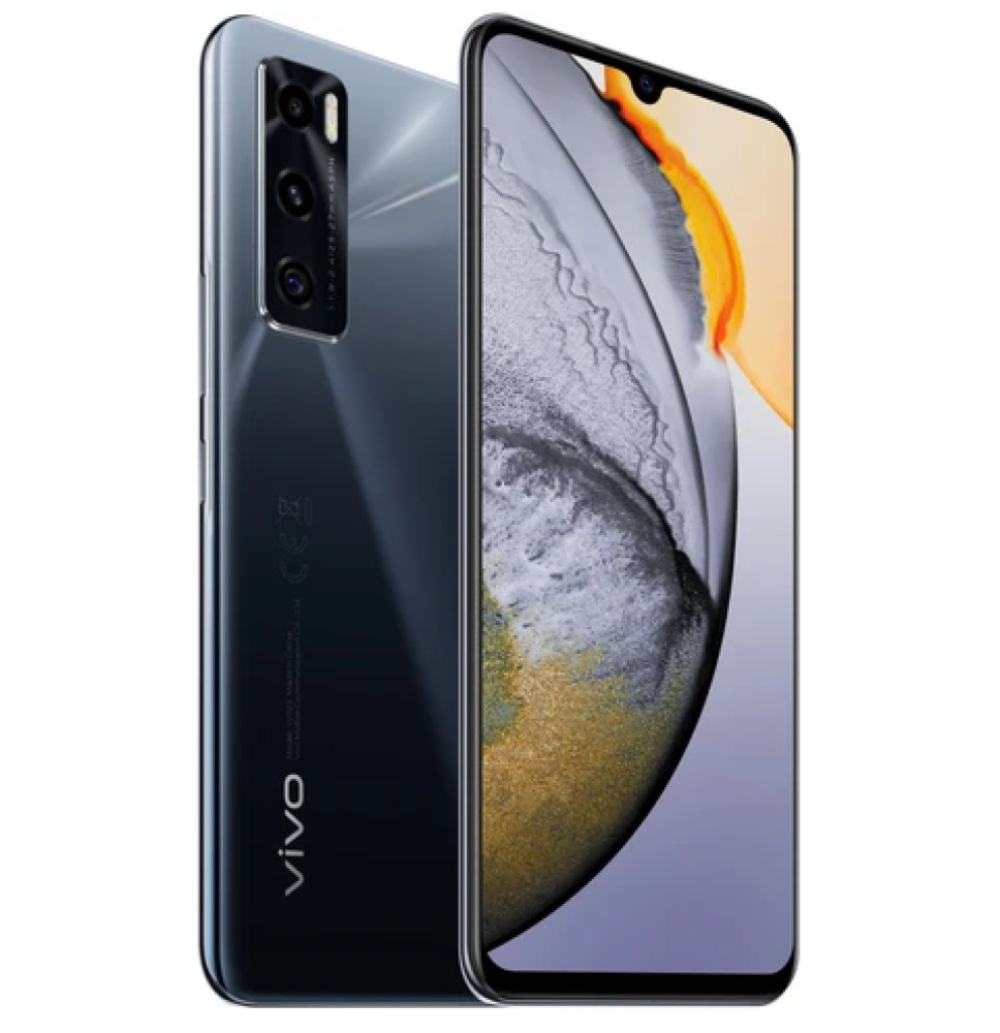 Dos smartphones, vista trasera y frontal. Gris oscuro con cámara de triple lente.