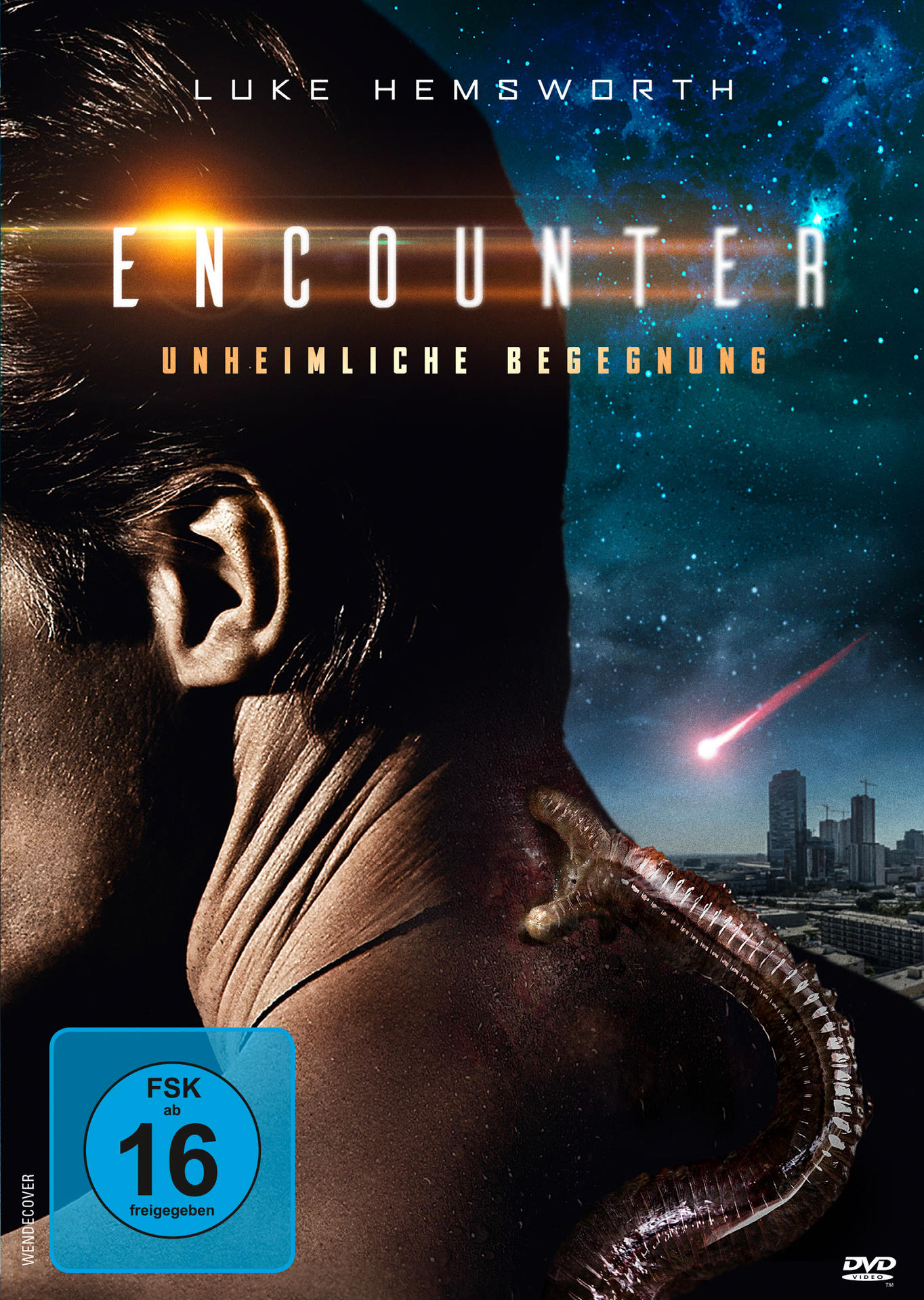 Filmplakat 'Encounter' mit einem Mann, einer Kreatur, Stadt- und Weltraumhintergrund.