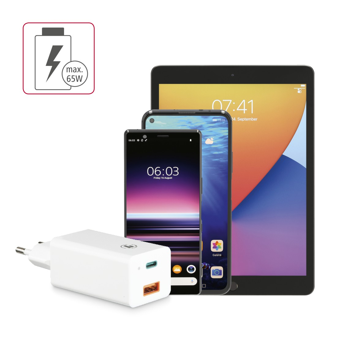 HAMA GaN, USB-C Power Delivery (PD) + USB-A QC3.0 Ladegerät Universal, Weiß