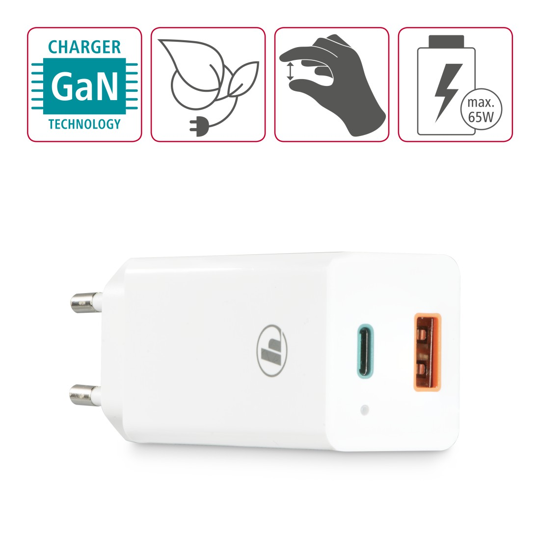 HAMA GaN, USB-C Power Delivery (PD) + USB-A QC3.0 Ladegerät Universal, Weiß