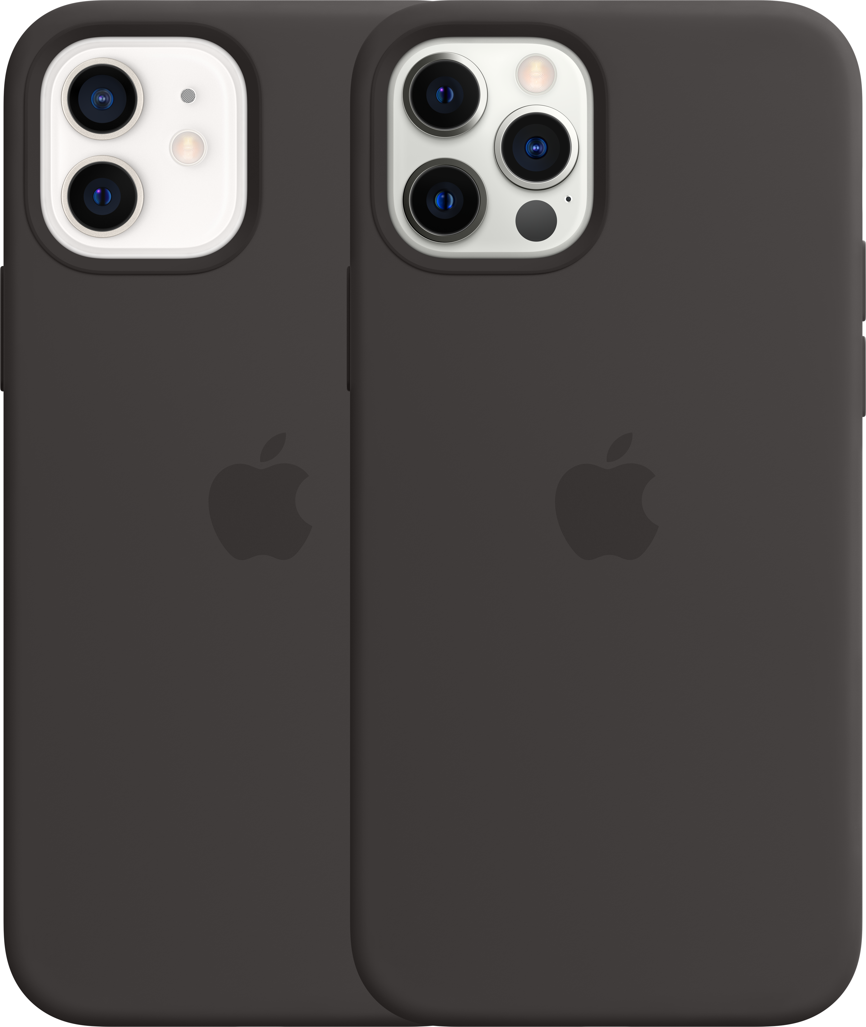 Twee zwarte telefoonhoesjes met Apple-logo. Eén toont cameralenzen, de andere is leeg.