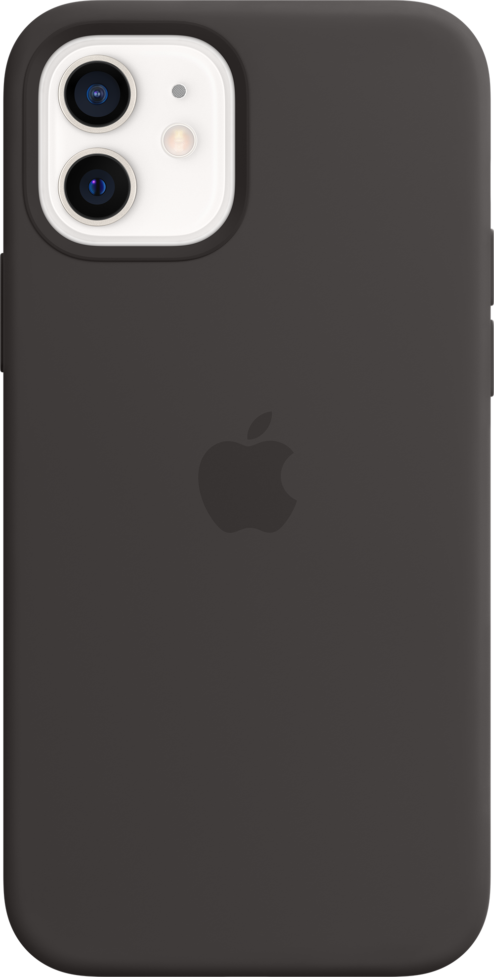 Donkergrijze iPhone-hoes met Apple-logo, achteraanzicht, op witte achtergrond.