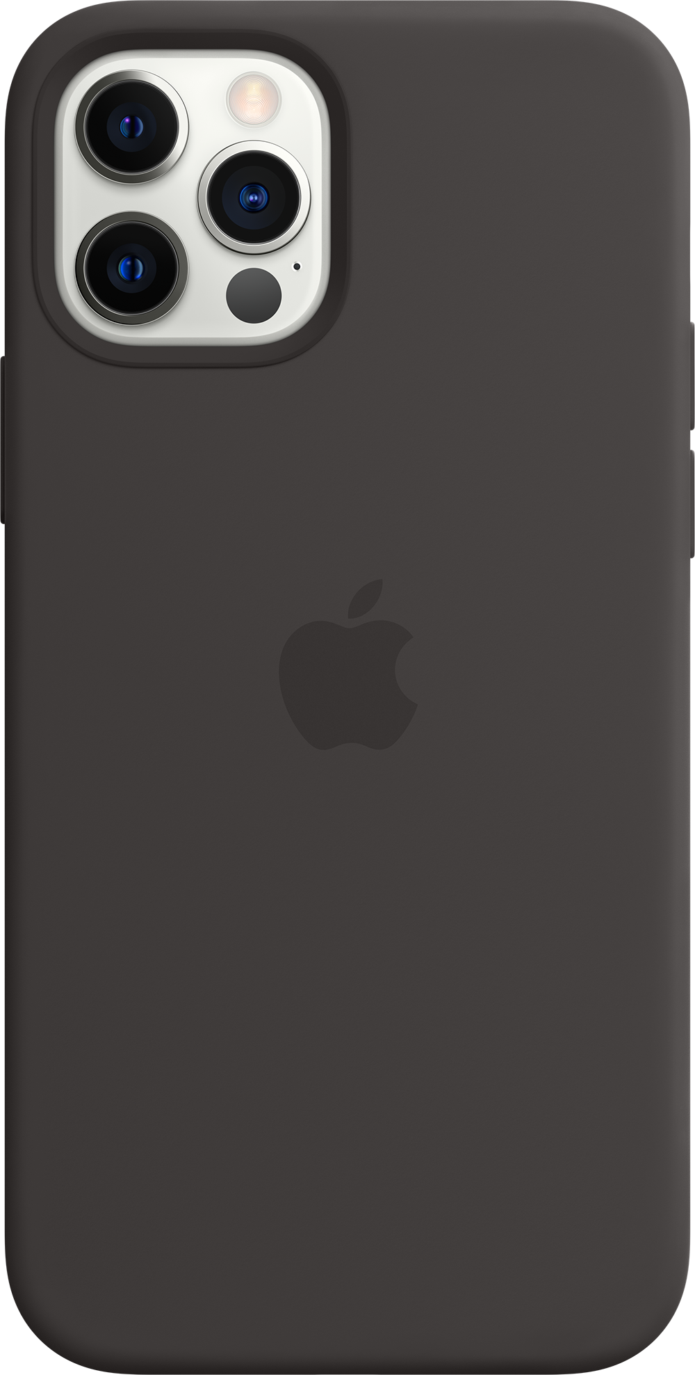 Een zwarte telefoonhoes met een Apple-logo. De hoes bedekt de achterkant van een telefoon.