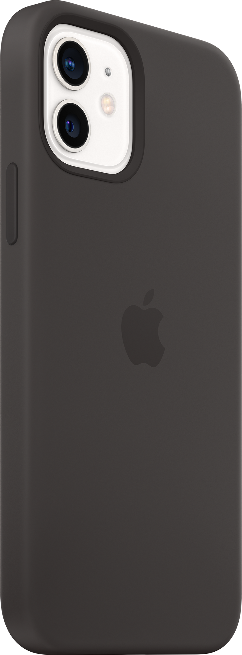 Zwarte iPhone-hoes met Apple-logo. De camera is zichtbaar.