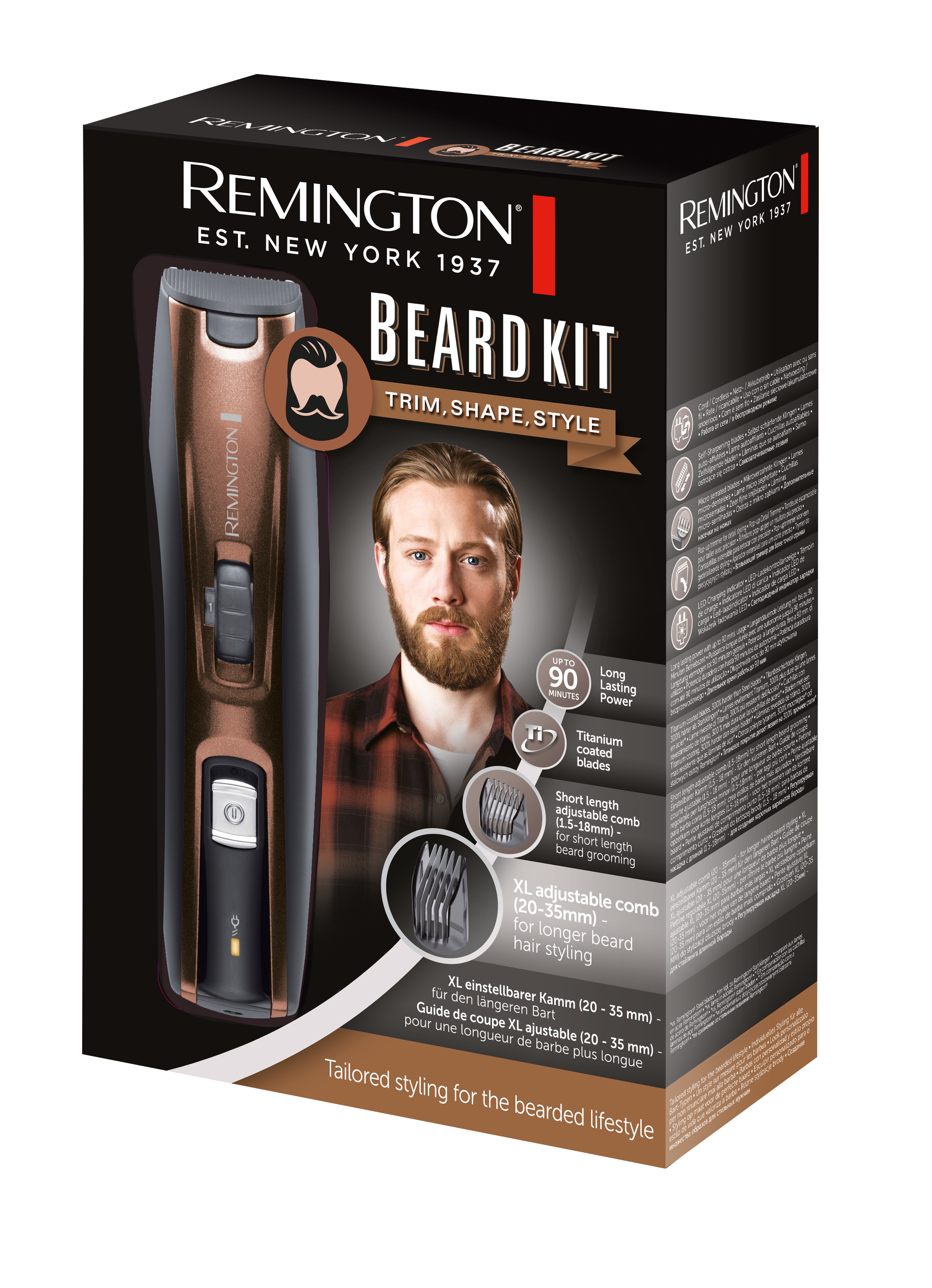 Remington beard kit box. Man's face visible. Product details and text.