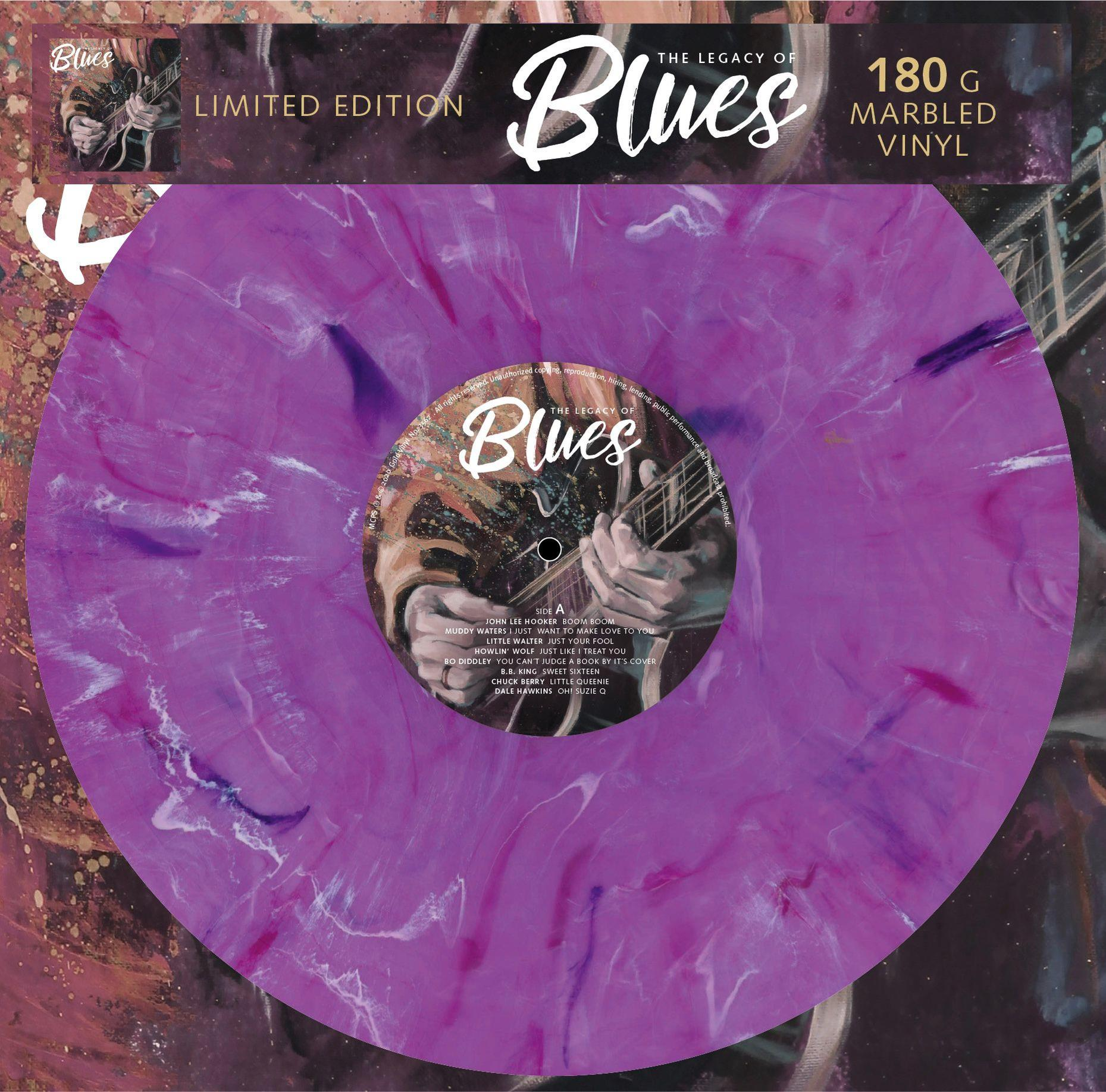Márványozott hanglemez. The Legacy of Blues album. Lila és fehér színek dominálnak.