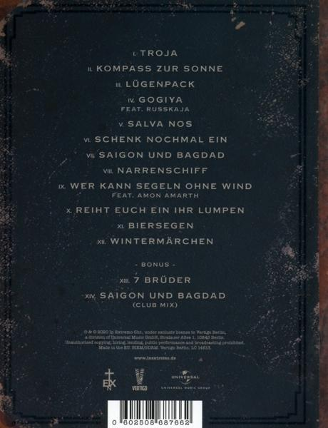 Album-Rückseite mit Songtiteln und Text auf dunklem Hintergrund.