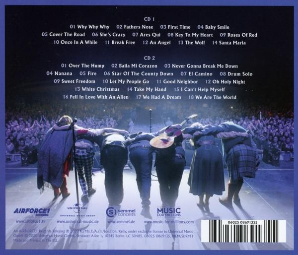 Albumcover mit Songtiteln und Bandmitgliedern. Rückansicht der Band auf der Bühne, mit Blick auf das Publikum.