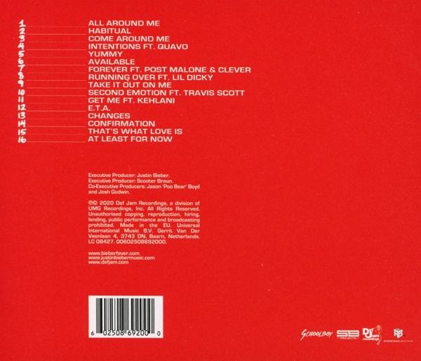 Die rote Rückseite eines Albums mit Songtiteln und Credits. Der Hintergrund ist rot.