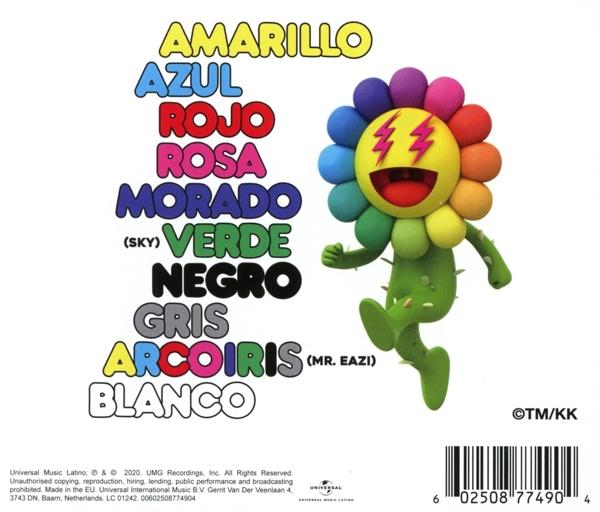 CD-Cover mit farbenfroher, blütenartiger Figur und Text auf Spanisch.