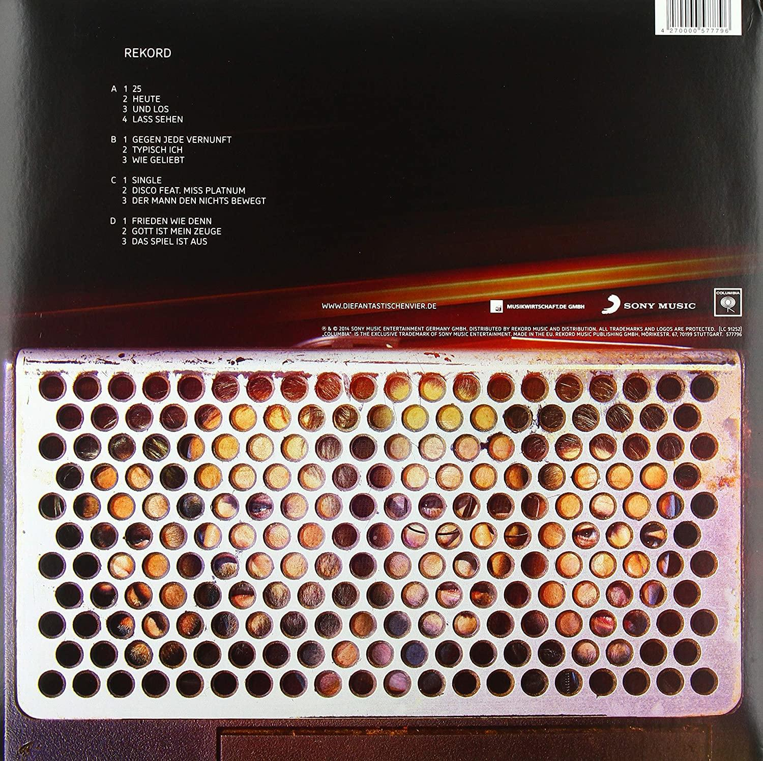 Schallplattenhülle mit Titelliste, Künstlerdetails und einem Hintergrund mit Metallgitter.