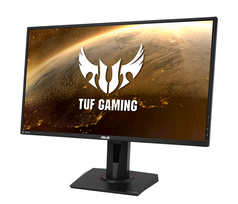 Asus TUF Gaming monitor, ingeschakeld. Display toont een game scene met het TUF Gaming logo bovenaan.