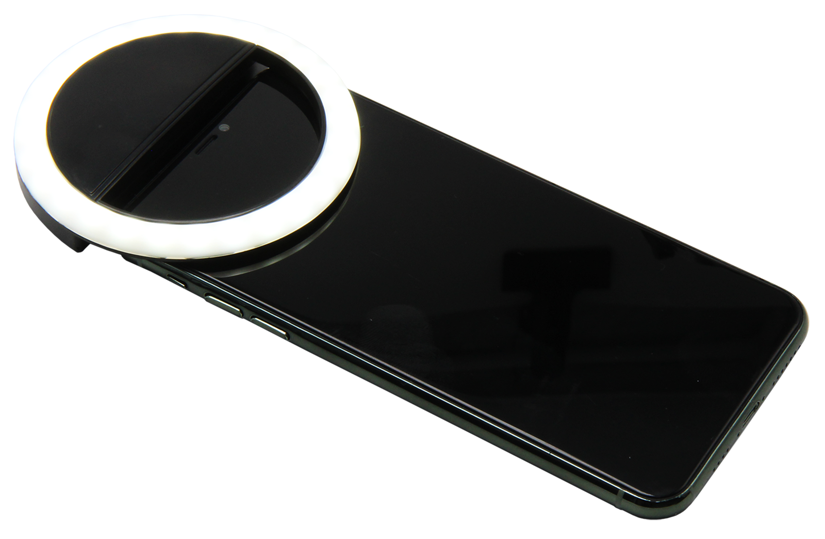 A smartphone with a ring light attached. The light is white and surrounds the camera.