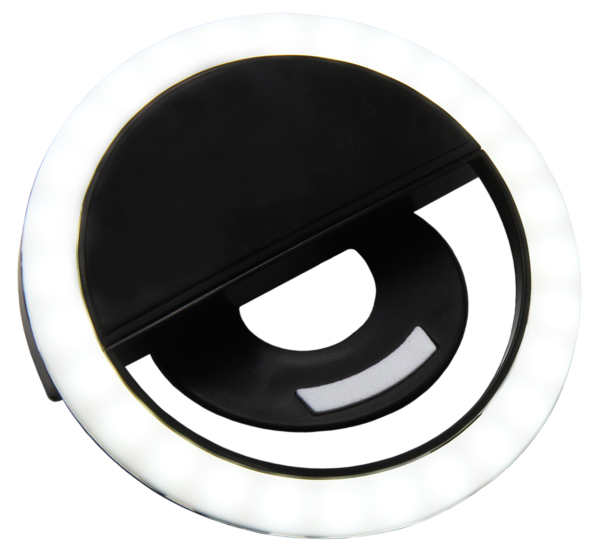 Ring light with a black body and white LED lights surrounding the center hole, on a black background.