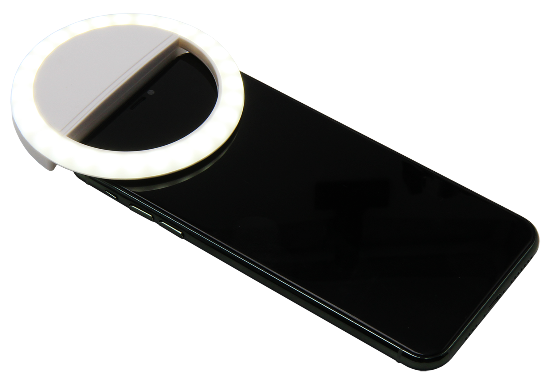 Smartphone with attached ring light, top view.