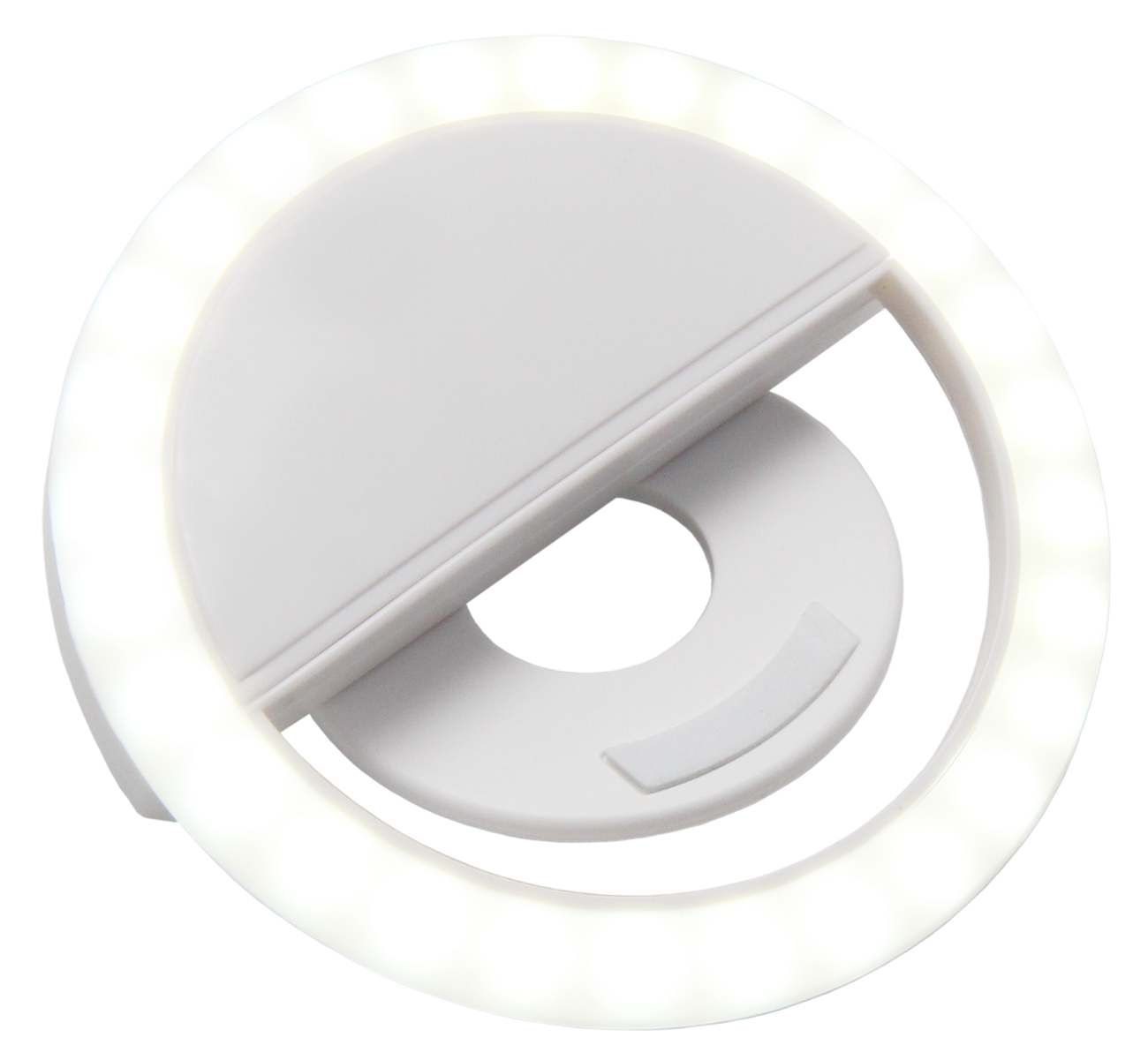 A white, ring-shaped light for a phone, with a clip for attachment.