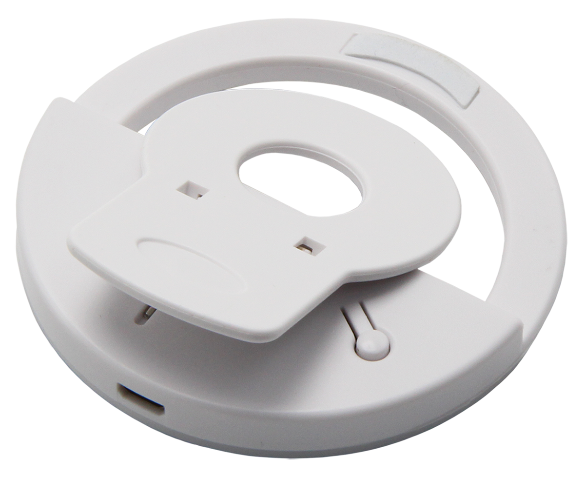 A white ring light for a phone. It is round with a phone holder.