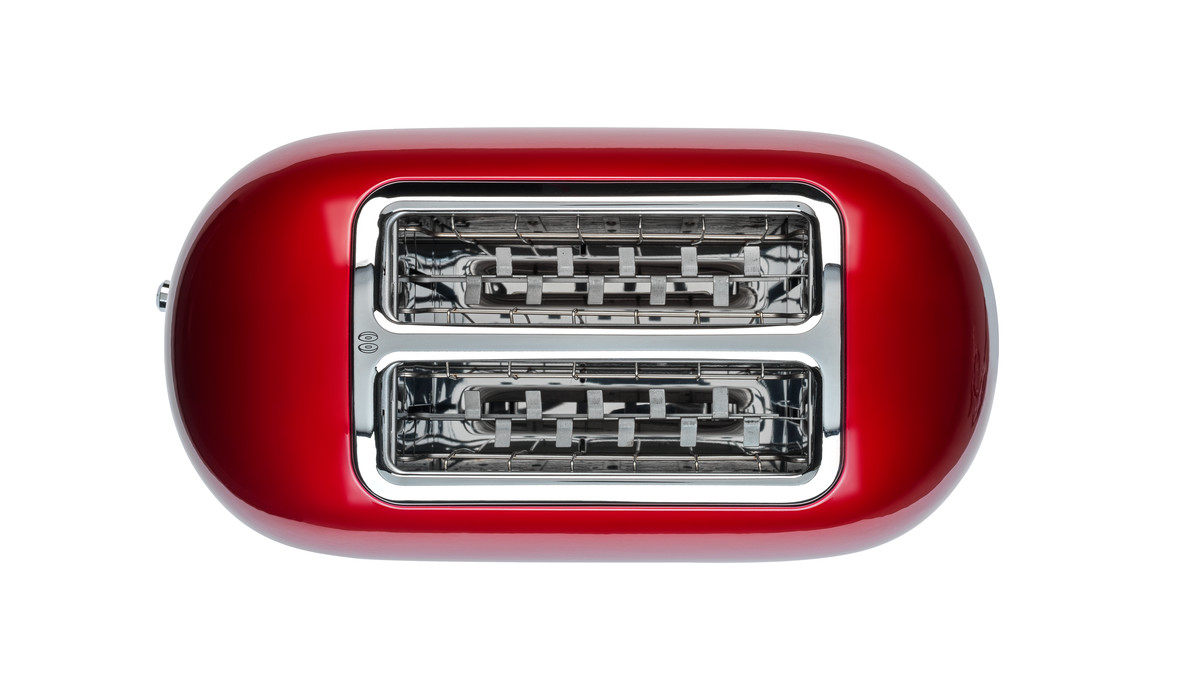Roter Toaster, Draufsicht, mit zwei Schlitzen.