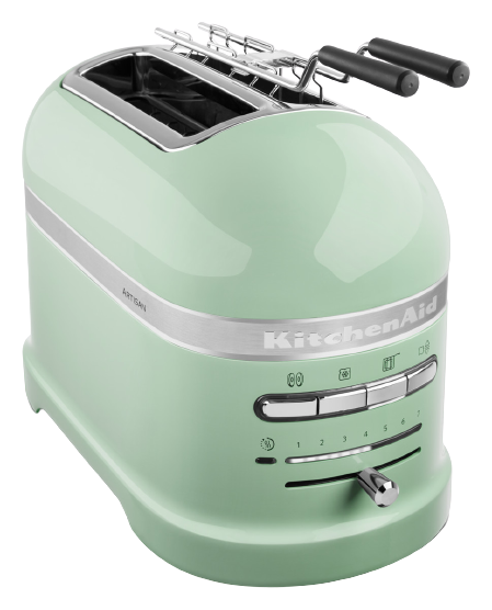 Ein mintgrüner KitchenAid-Toaster. Er hat 2 Schlitze, silberne Zierleisten und Bedienknöpfe.