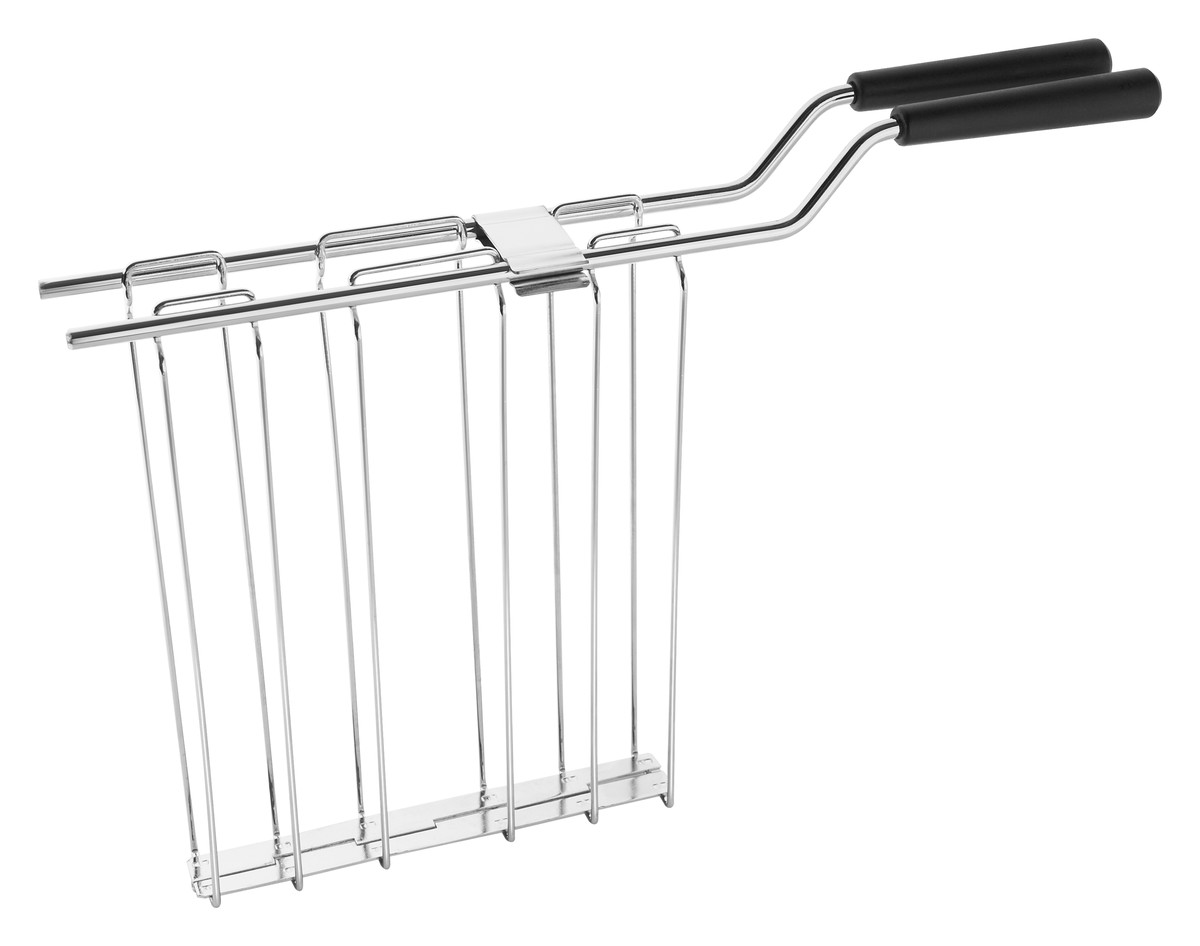 Ein verchromter Toaster-Rack. Es hat vertikale Stäbe und schwarze Griffe oben.