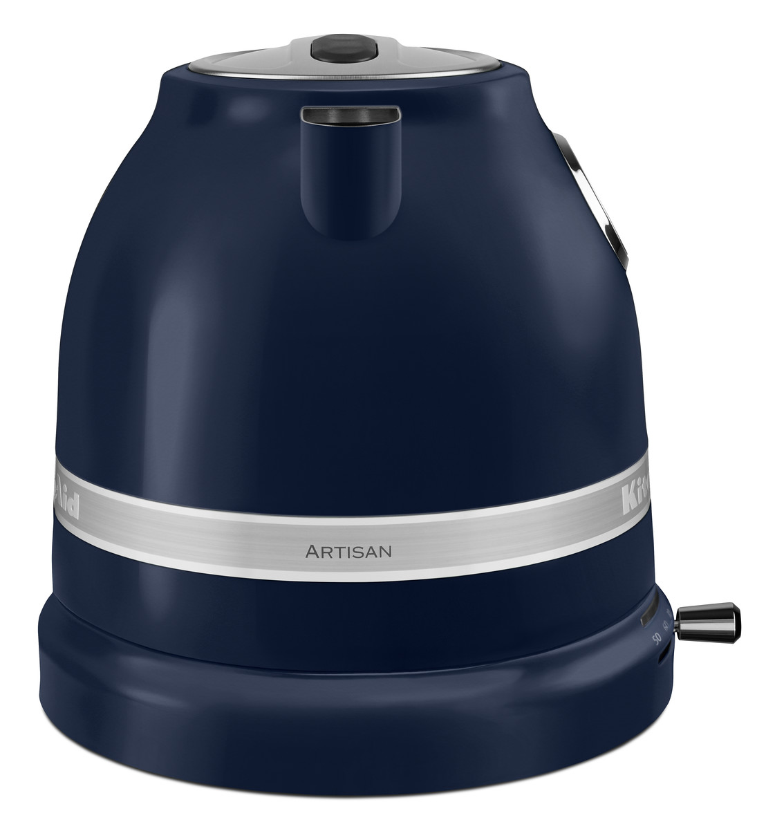 Marineblaue KitchenAid-Kanne mit Silberband und dem Wort 'ARTISAN'. Schwarze Basis, silberne Akzente.