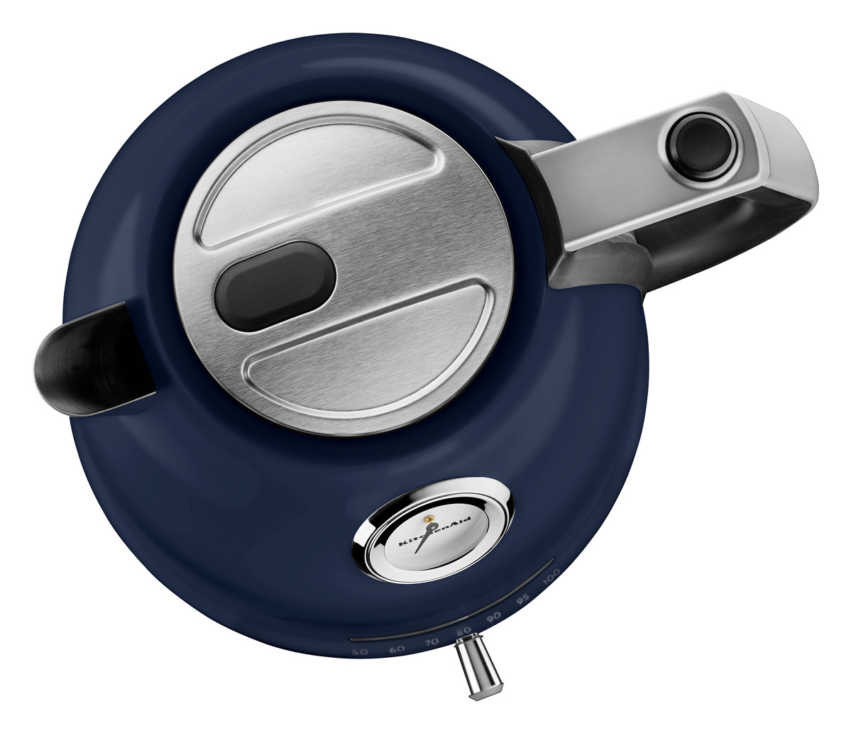 Ein marineblauer elektrischer Wasserkocher von KitchenAid, von oben betrachtet, mit silbernen Details.