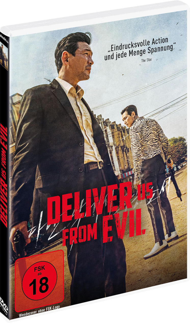 DVD-Hülle: 'Deliver Us from Evil'. Zwei Männer stehen draußen. Text auf Koreanisch und Englisch. FSK 18.
