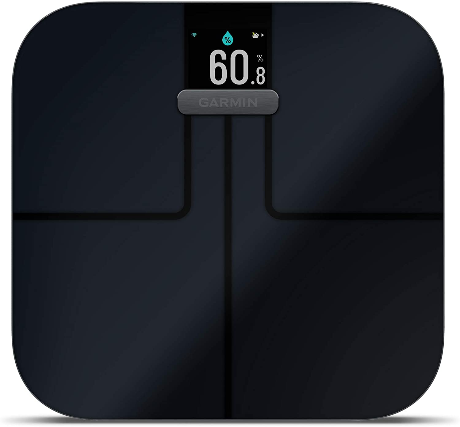 Een zwarte Garmin slimme weegschaal toont 60,8. Het toont een procentteken, een waterdruppel-icoon en een wifi-signaal.