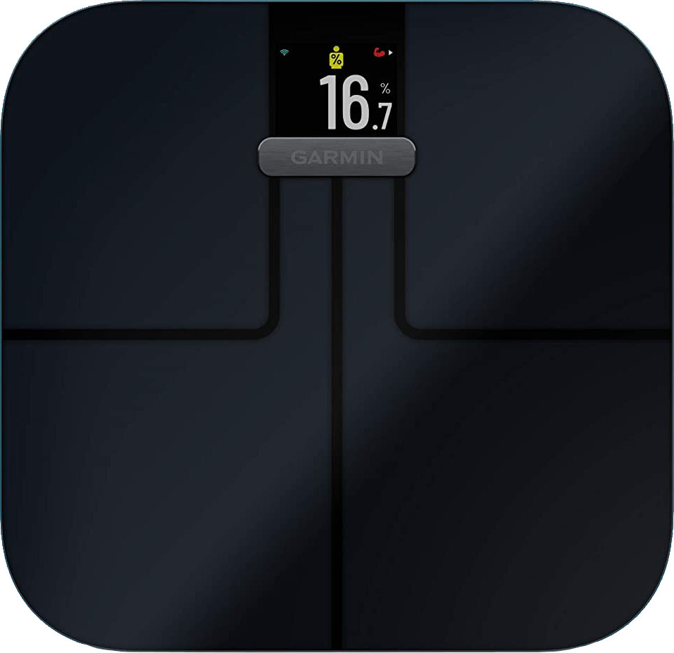 Zwarte Garmin slimme weegschaal. Digitaal display toont 16,7%. Pictogram lichaamsvetpercentage. Afgeronde hoeken. Zwarte lijnen verdelen.