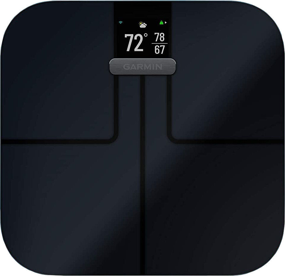 Een zwarte Garmin weegschaal met 72 graden, 78 luchtvochtigheid en 67. De weegschaal heeft een digitaal display.