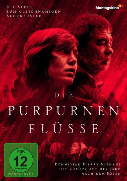 DVD-Cover mit zwei Personen auf rotem Hintergrund. Der Titel 'Die Purpurnen Flüsse' befindet sich unten.