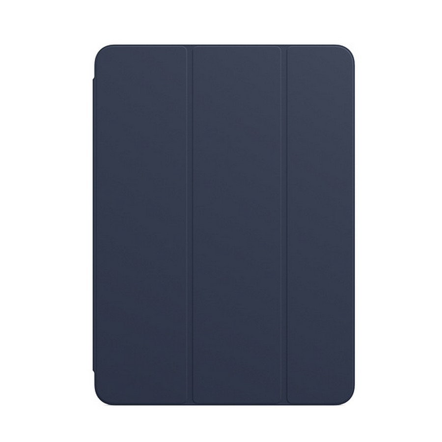 Funda de tableta azul marino, cerrada, con diseño de tres paneles.