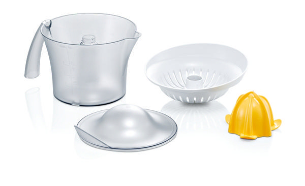 Entsafterteile: ein Krug, ein Sieb, ein Deckel und ein gelber Kegel. Alle sind transparent und weiß.