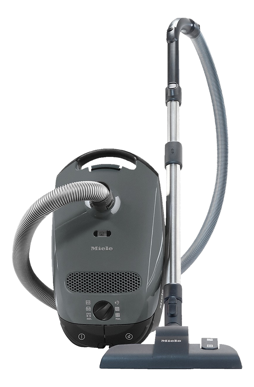 Aspirapolvere Miele grigio con tubo e accessori.